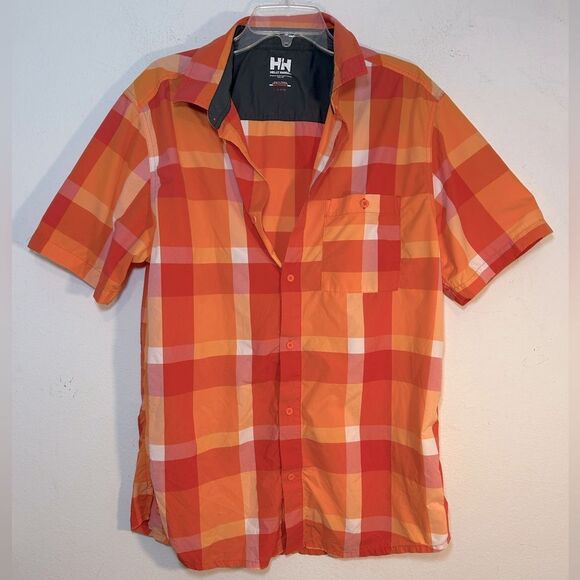 HELLY HANSEN MENS BUTTON FRONT SHIRT XL ORANGE white PLAID CHECK short sleeve - Picture 1 of 13